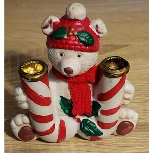Vintage Christmas Polar Bear w/Red Hat and Scarf Candle Holder Ceramic 1980's